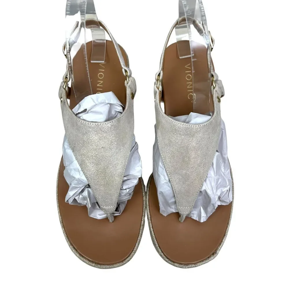 Vionic Women Kirra Espadrille Wedge Sandals‎ Thong Strap Cream Metallic Gold 9.5